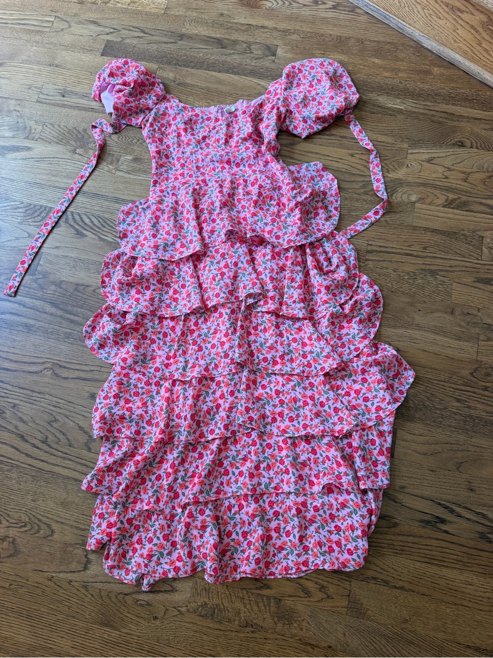 Floral Pink Ruffle Maxi Dress with Puff Sleeves